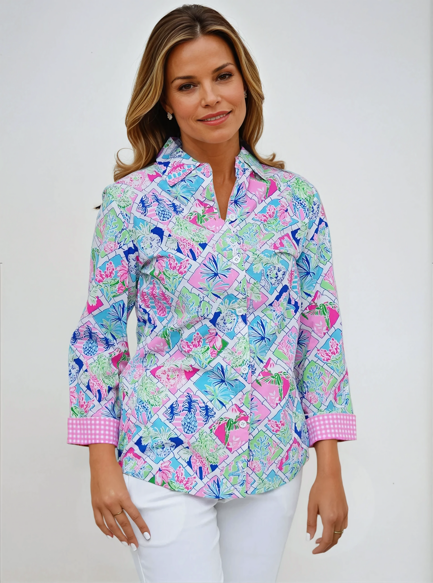 Cotton Printed 3/4 Sleeve Shirt With Contrast Trim Cuffs & Collar