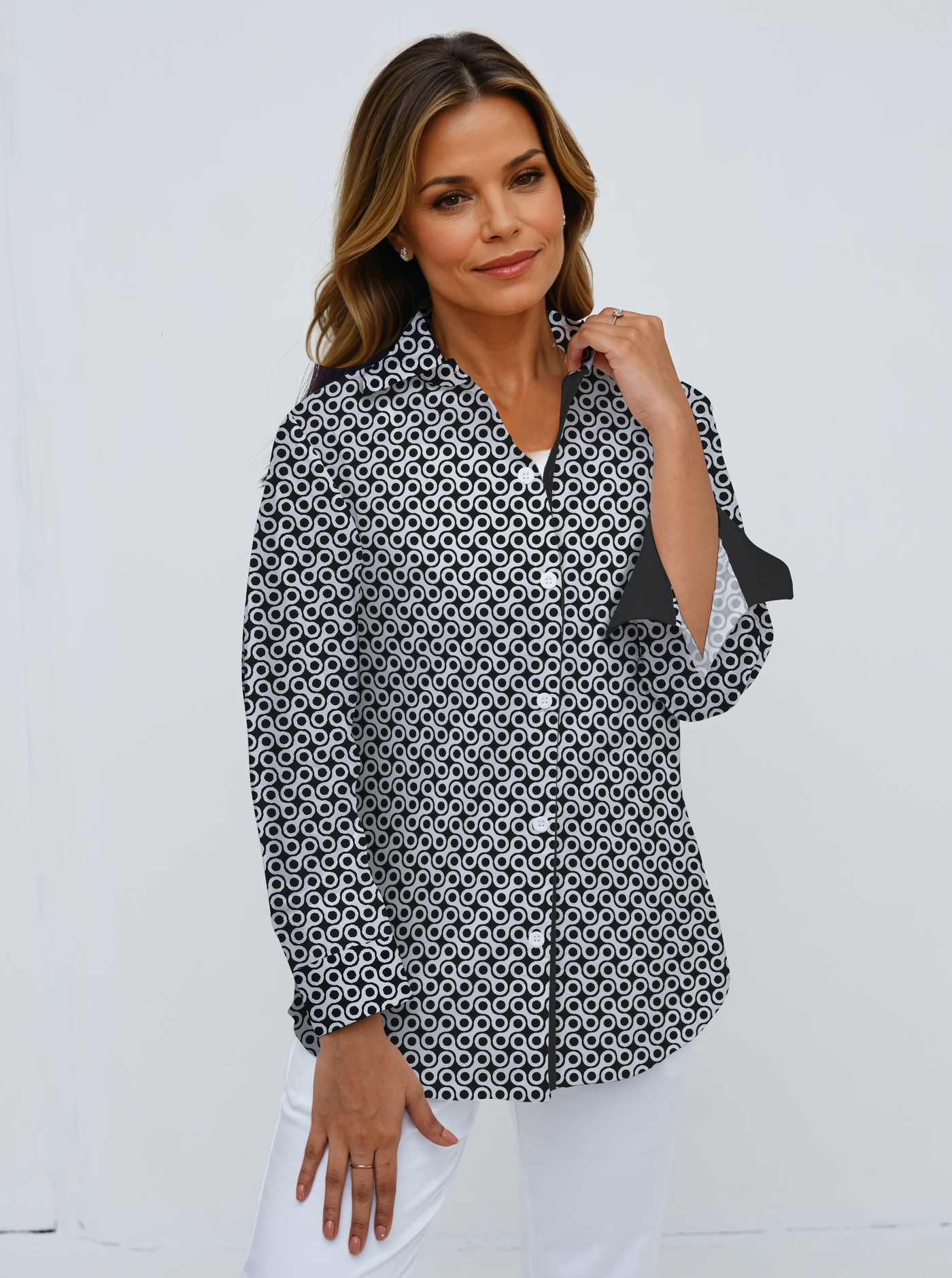 Cotton knit Printed 3/4 Sleeve Shirt With Contrast Trim Cuffs & Collar