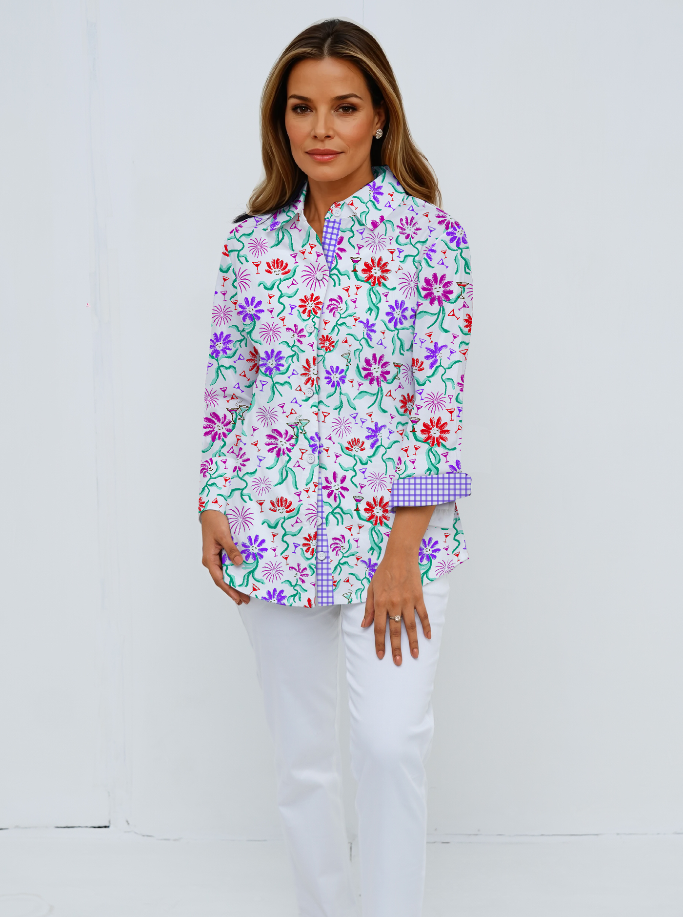 Cotton knit Printed 3/4 Sleeve Shirt With Contrast Trim Cuffs & Collar
