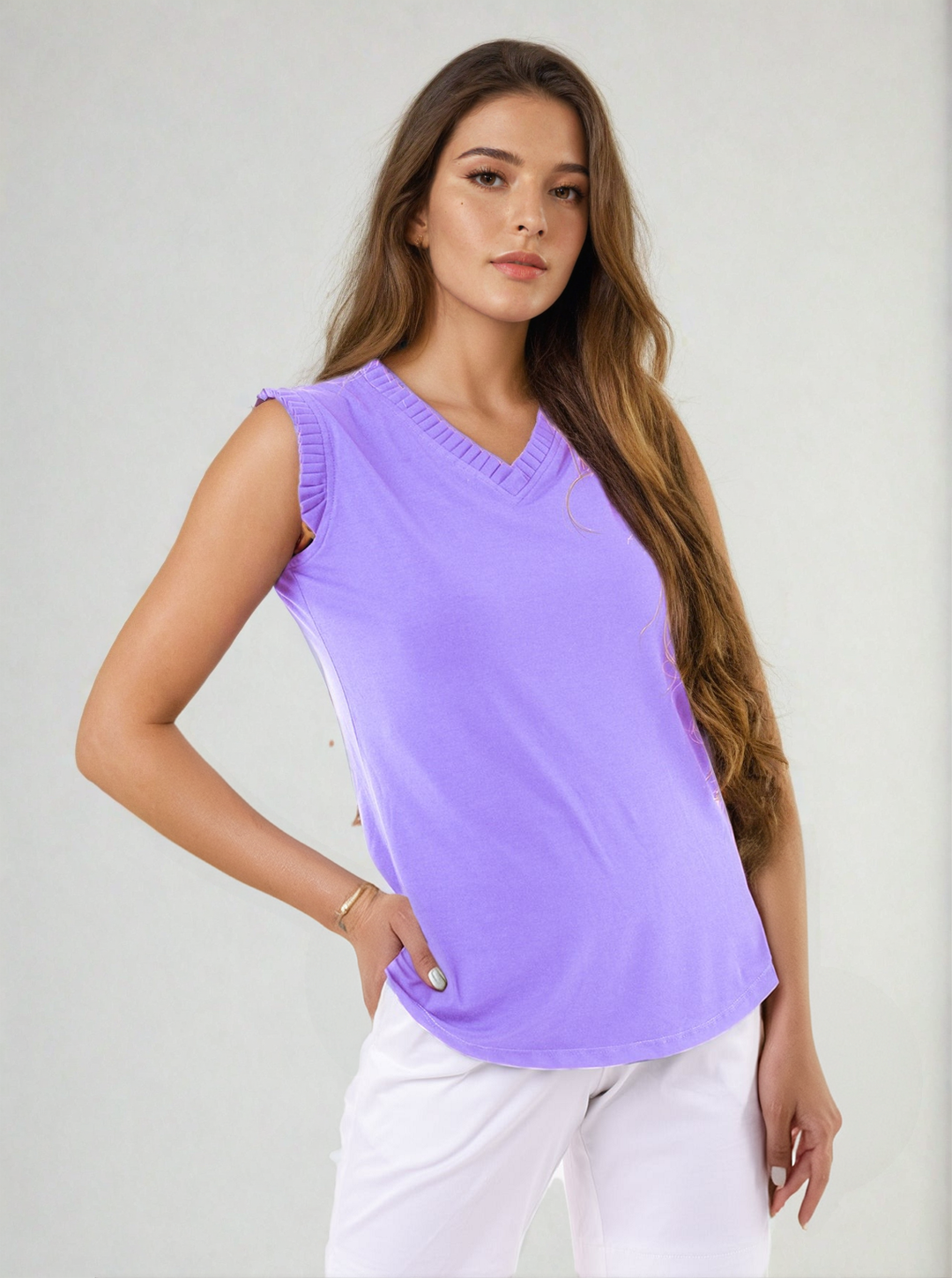 Solid Knit Sleeveless Pleated Neck Top