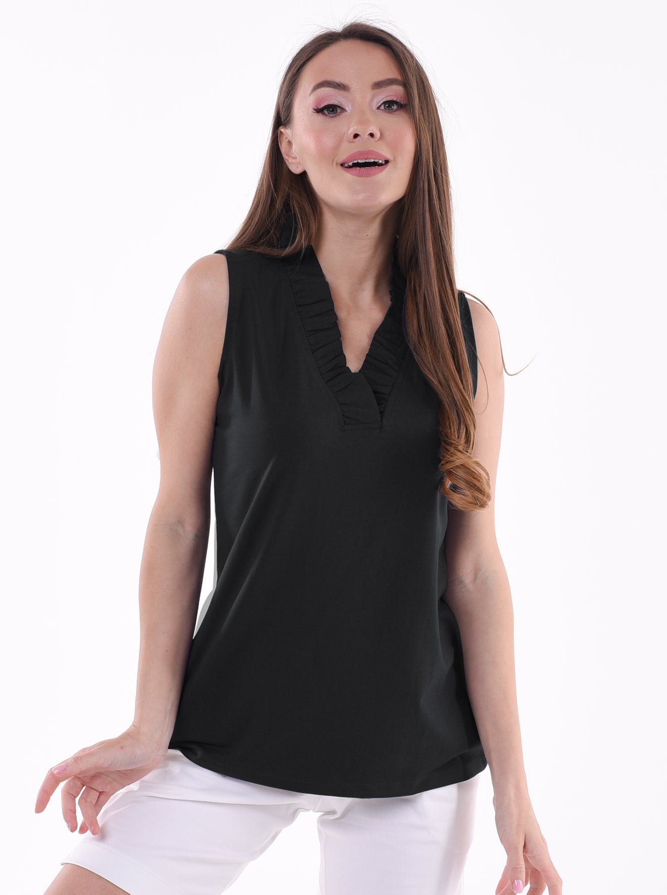 Solid Knit Sleeveless Ruffle Portrait Neck Top