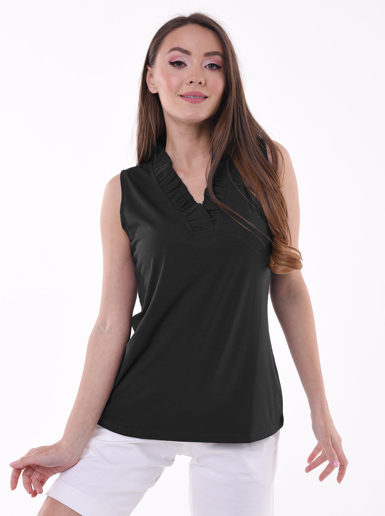 Solid Knit Sleeveless Ruffle Portrait Neck Top