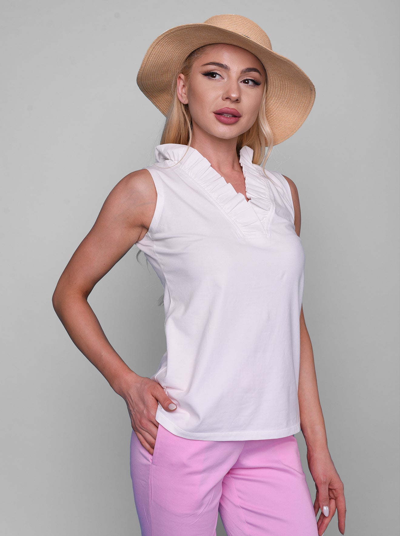 Solid Knit Sleeveless Ruffle Portrait Neck Top