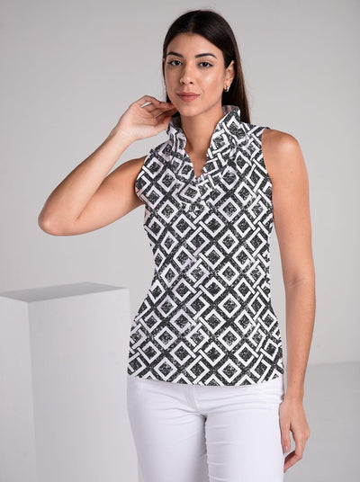 Key mia Print Cotton Knit Sleeveless Ruffle Portrait Neck Top - Rezobay