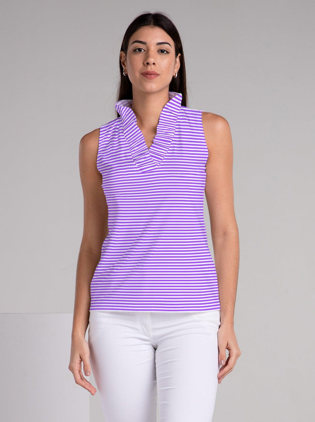 Verona Stripe Print Cotton Knit Sleeveless Ruffle Portrait Neck Top - Rezobay