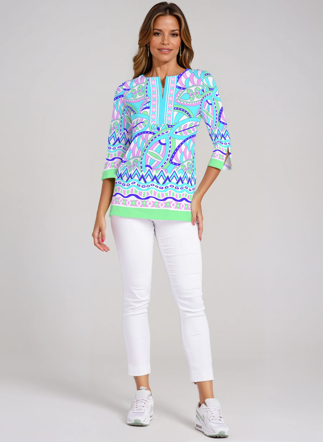 Valencia Print Cotton Knit 3/4 Sleeve Slit Neck Tunic