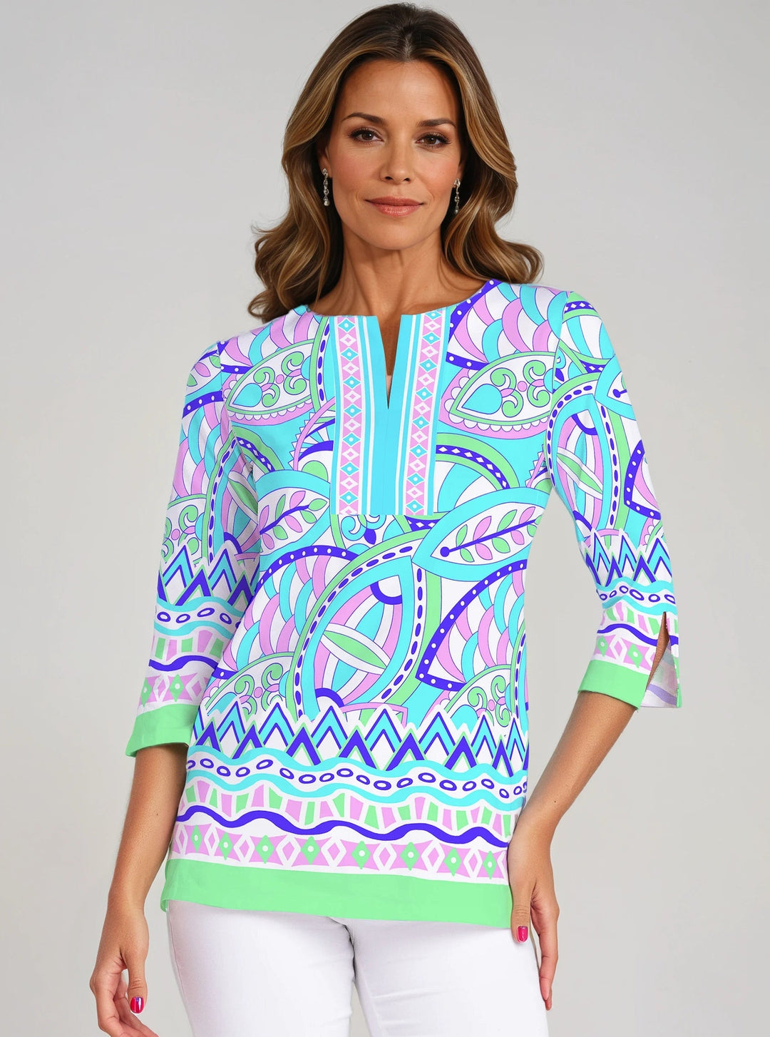Valencia Print Cotton Knit 3/4 Sleeve Slit Neck Tunic
