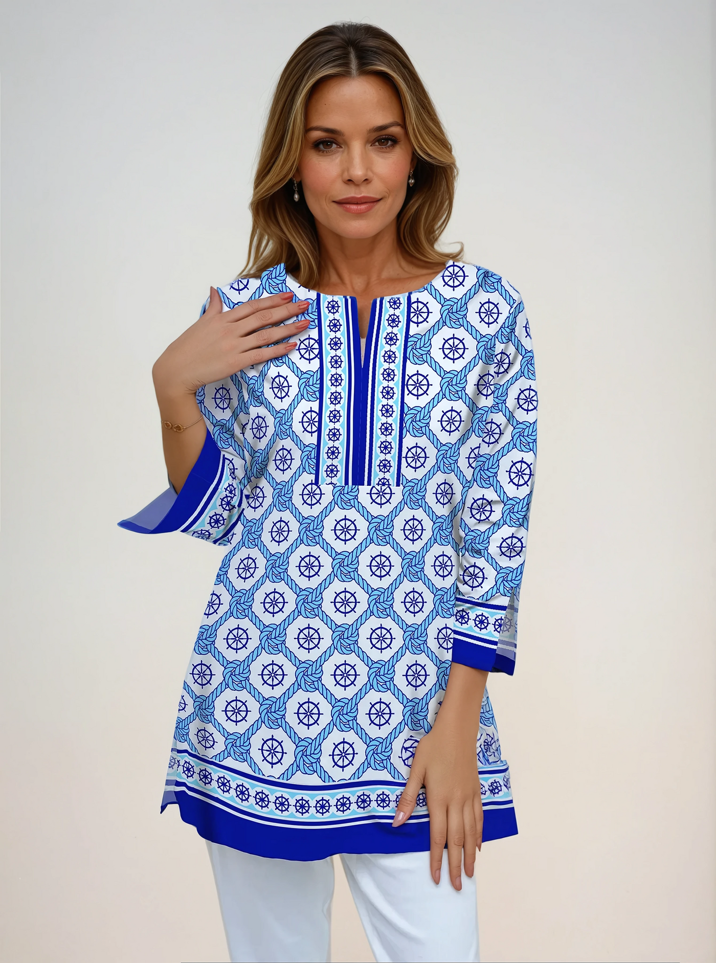 Forget me Knot Print Cotton Knit 3/4 Sleeve Slit Neck Tunic