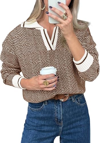 Saodimallsu Womens Fall Sweaters Tops Lapel V Neck Knit