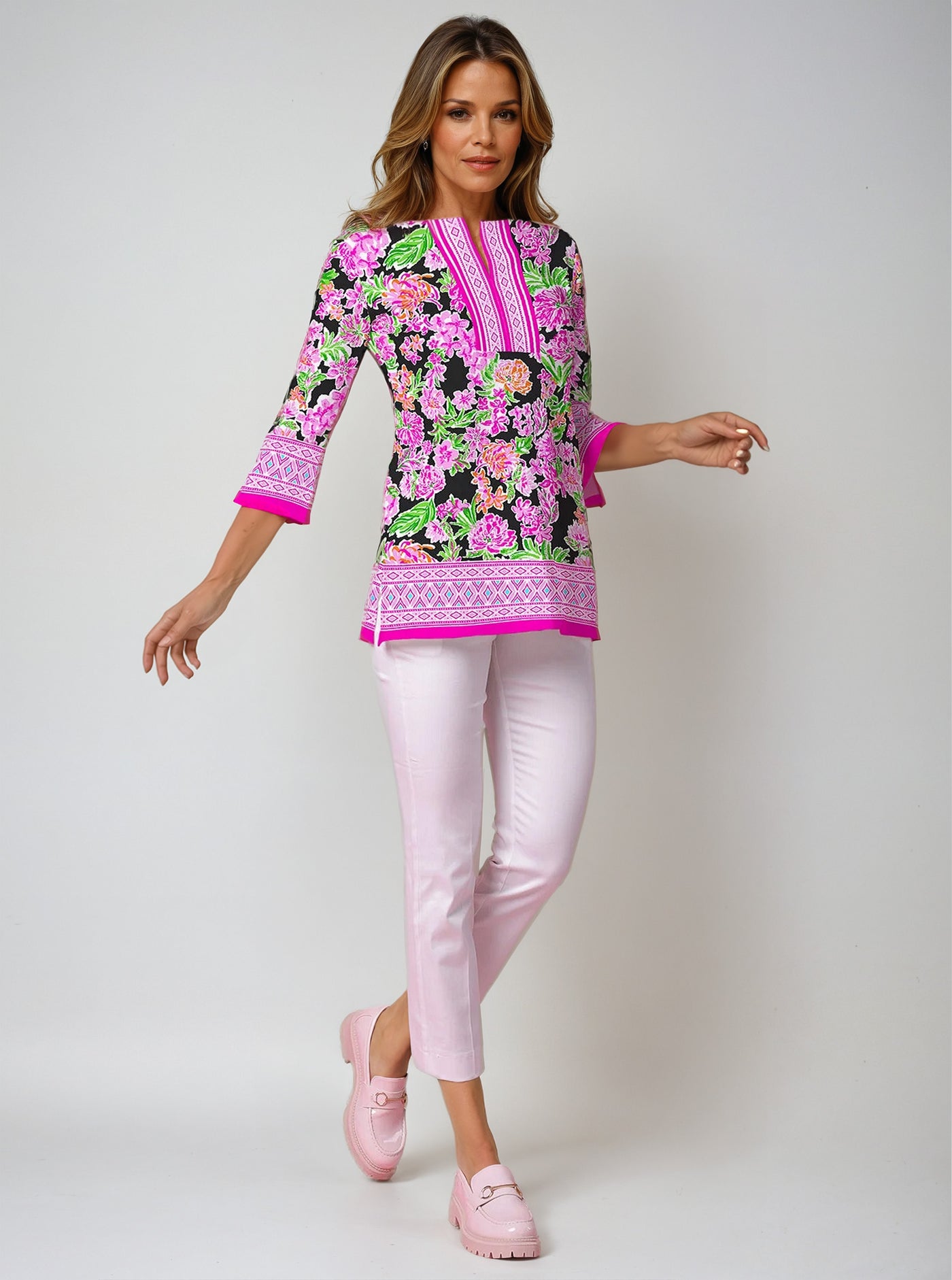 Chloe Print 3/4 Sleeve V-Neck Placket Tunic