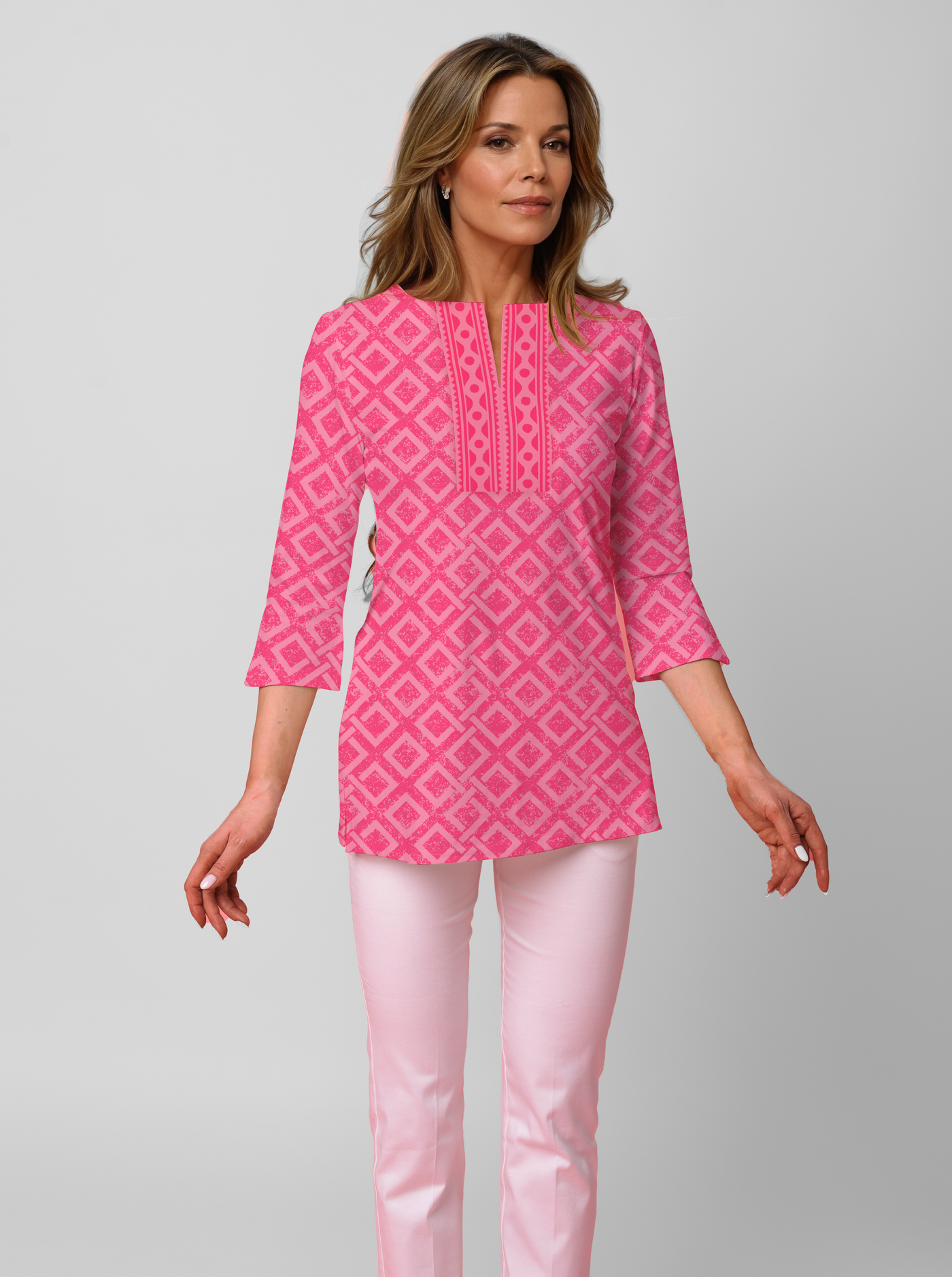 3/4 Sleeve Slit Neck Poly Monochrome Tunic