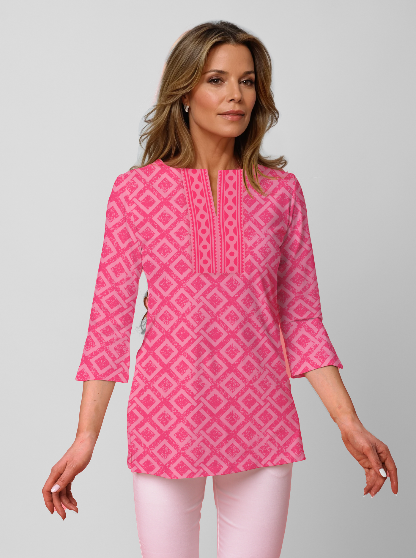 3/4 Sleeve Slit Neck Poly Monochrome Tunic