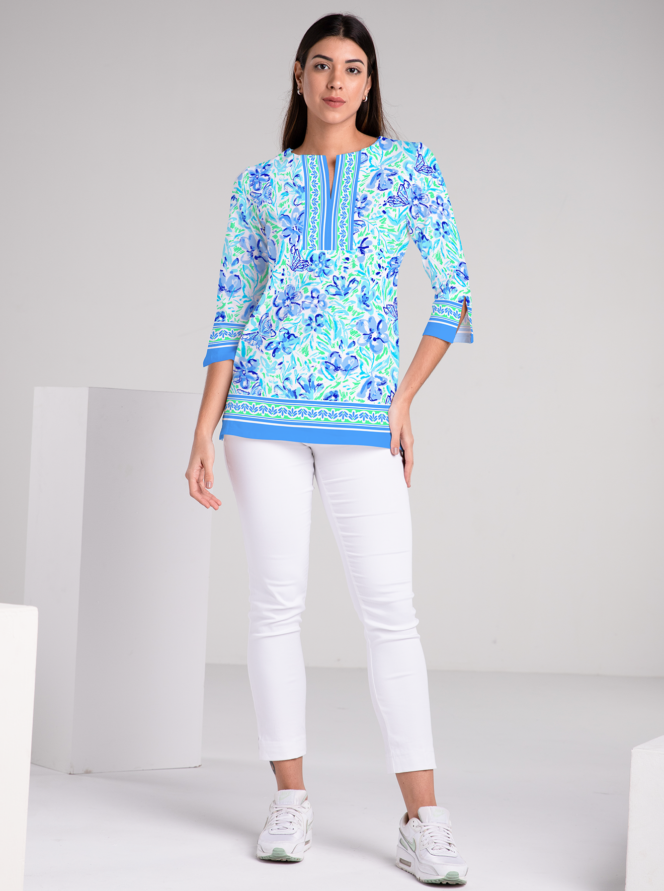 Mariposa Print Cotton Knit 3/4 Sleeve Slit Neck Tunic