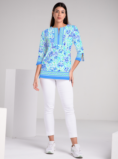 Mariposa Print Cotton Knit 3/4 Sleeve Slit Neck Tunic
