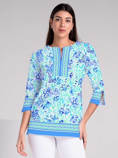 Mariposa Print Cotton Knit 3/4 Sleeve Slit Neck Tunic