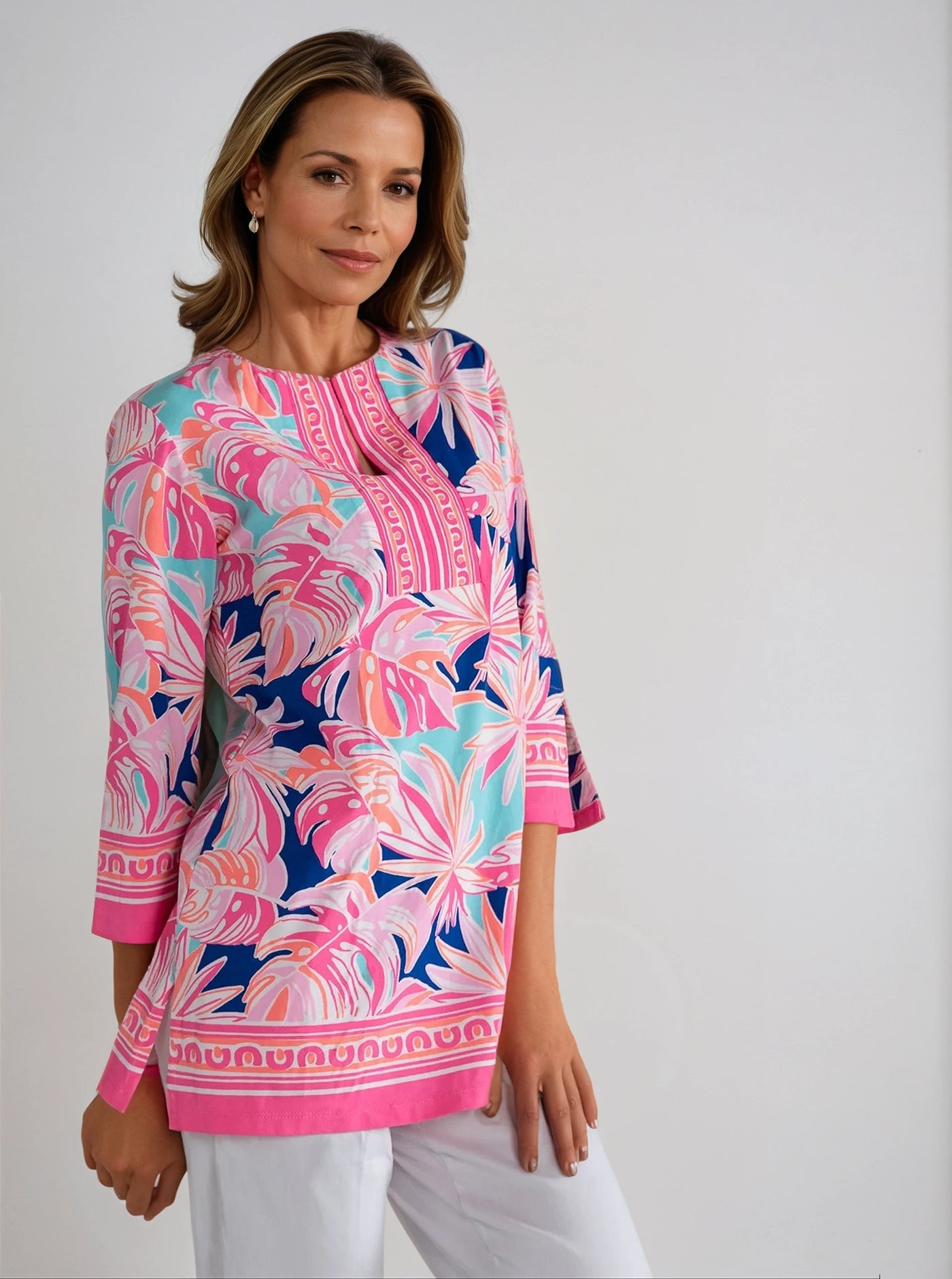 Palm Forest Print Cotton Knit 3/4 Sleeve Slit Neck Tunic