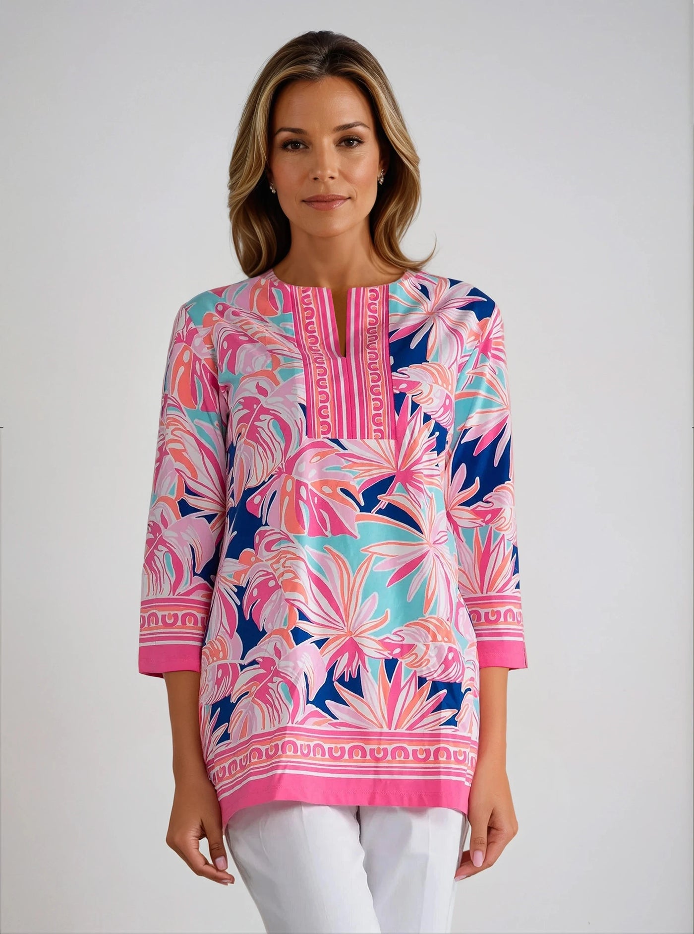 Palm Forest Print Cotton Knit 3/4 Sleeve Slit Neck Tunic