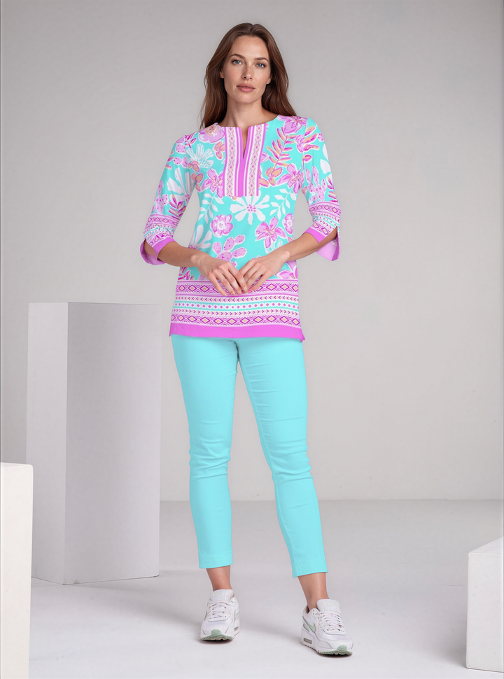 Paradise Island Print Cotton Knit 3/4 Sleeve Slit Neck Tunic