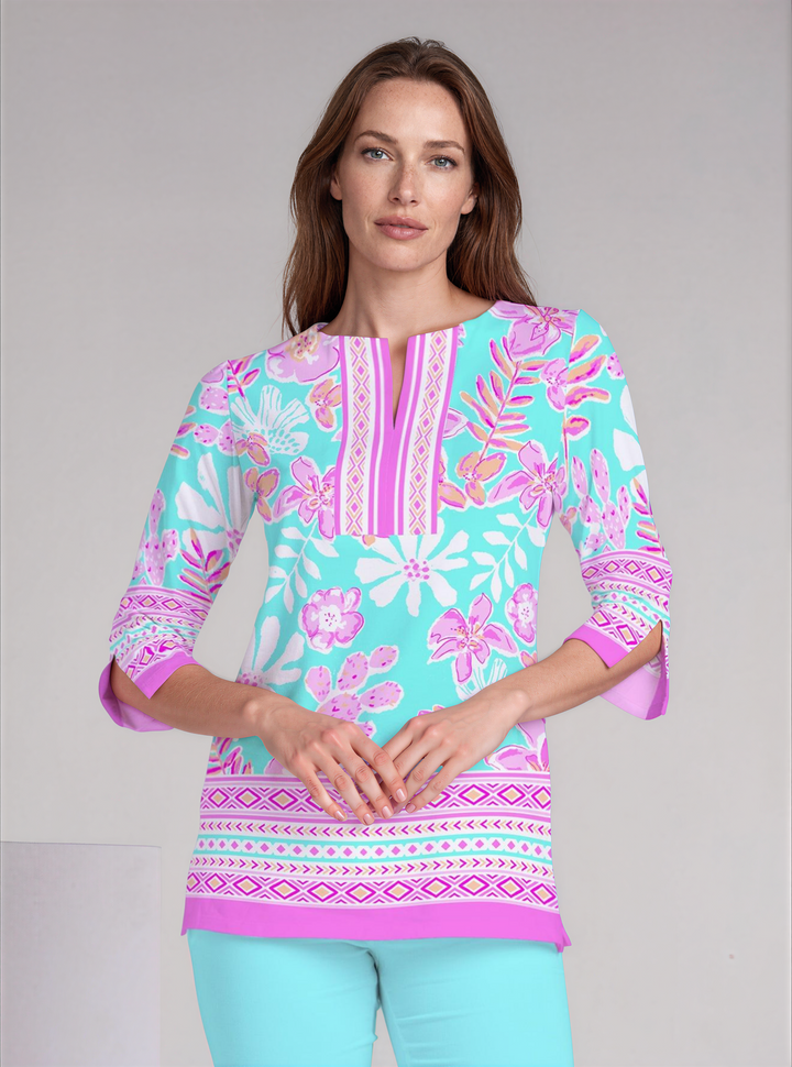 Paradise Island Print Cotton Knit 3/4 Sleeve Slit Neck Tunic