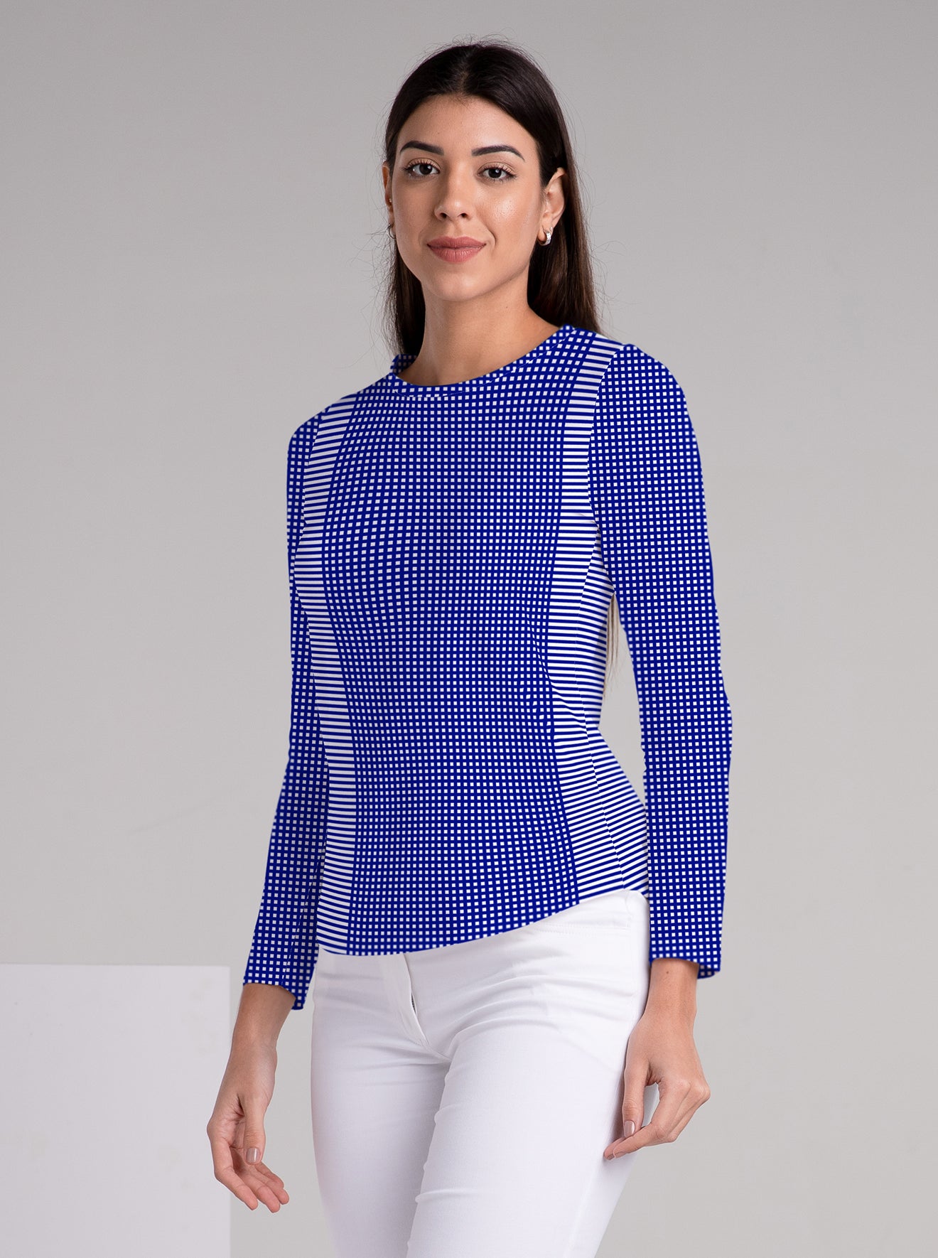 Verona Check Print Cotton Knit Full Sleeve Crew Neck Top