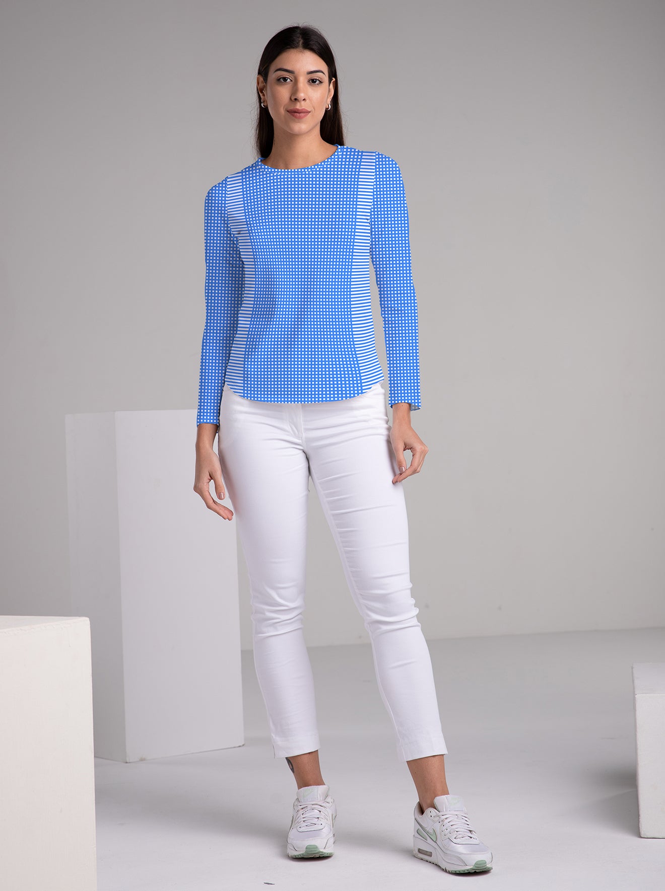 Verona Check Print Cotton Knit Full Sleeve Crew Neck Top