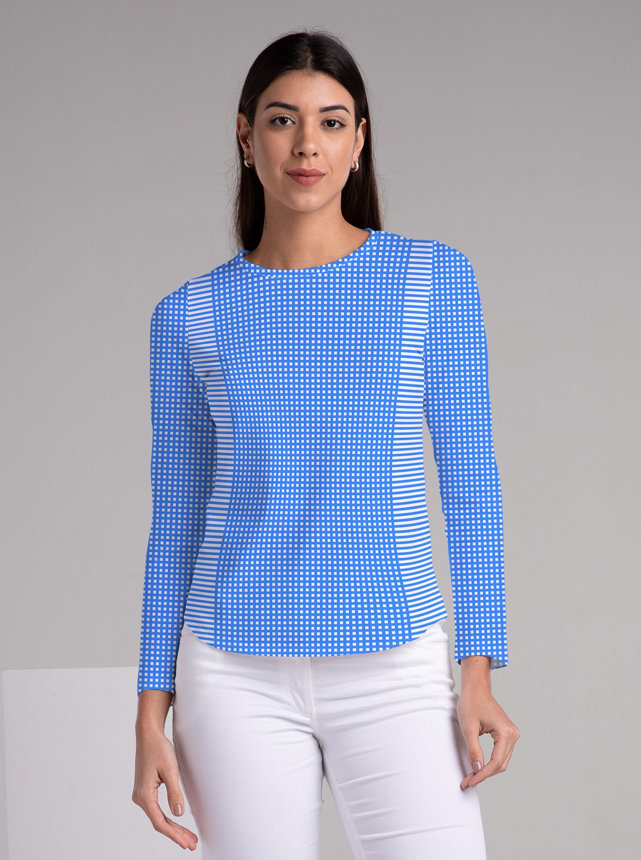 Verona Check Print Cotton Knit Full Sleeve Crew Neck Top