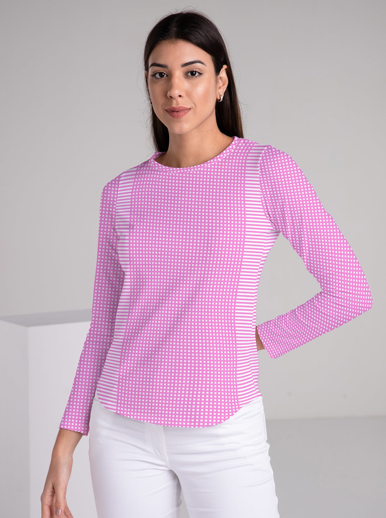 Verona Check Print Cotton Knit Full Sleeve Crew Neck Top