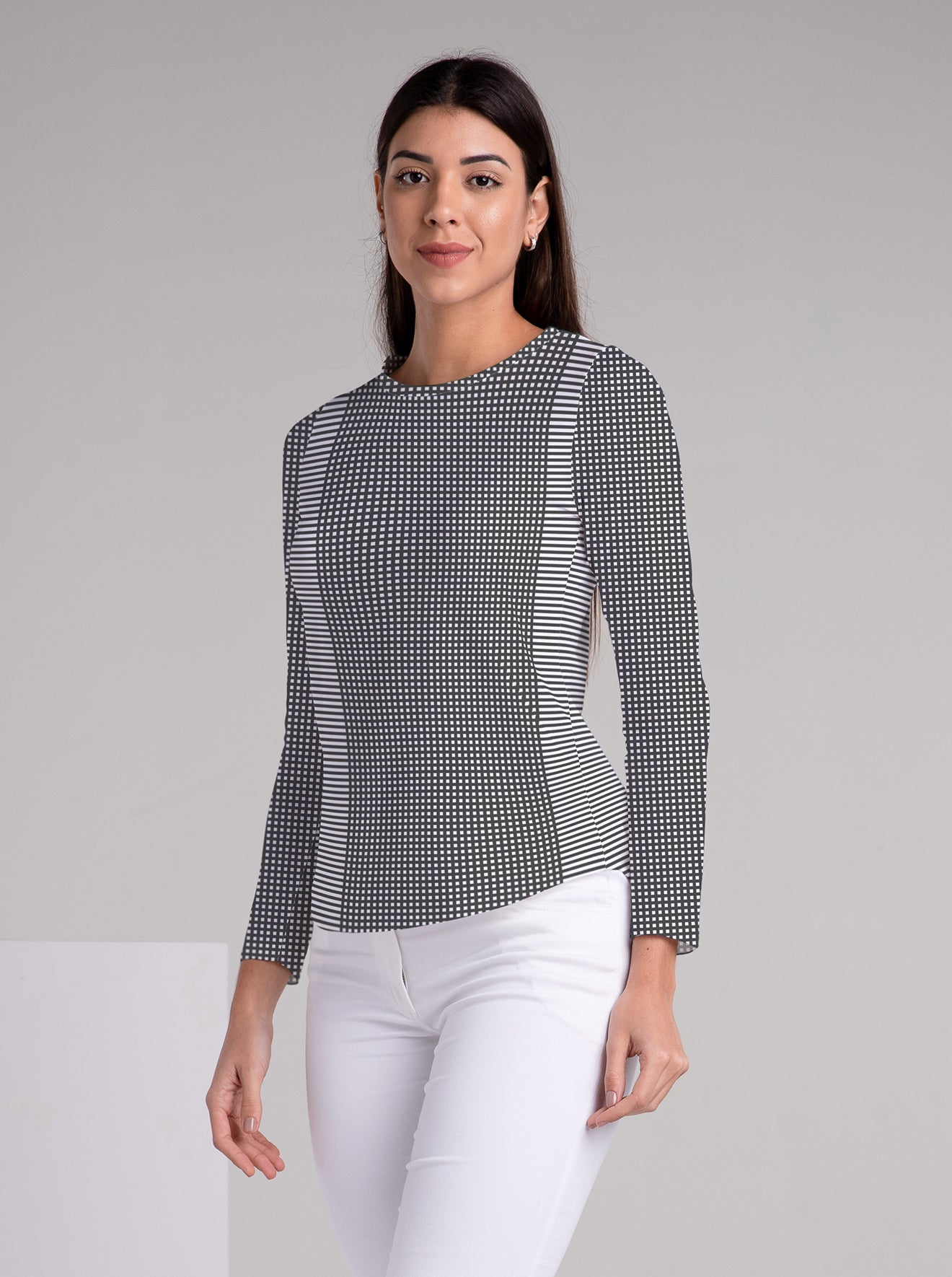 Verona Check Print Cotton Knit Full Sleeve Crew Neck Top