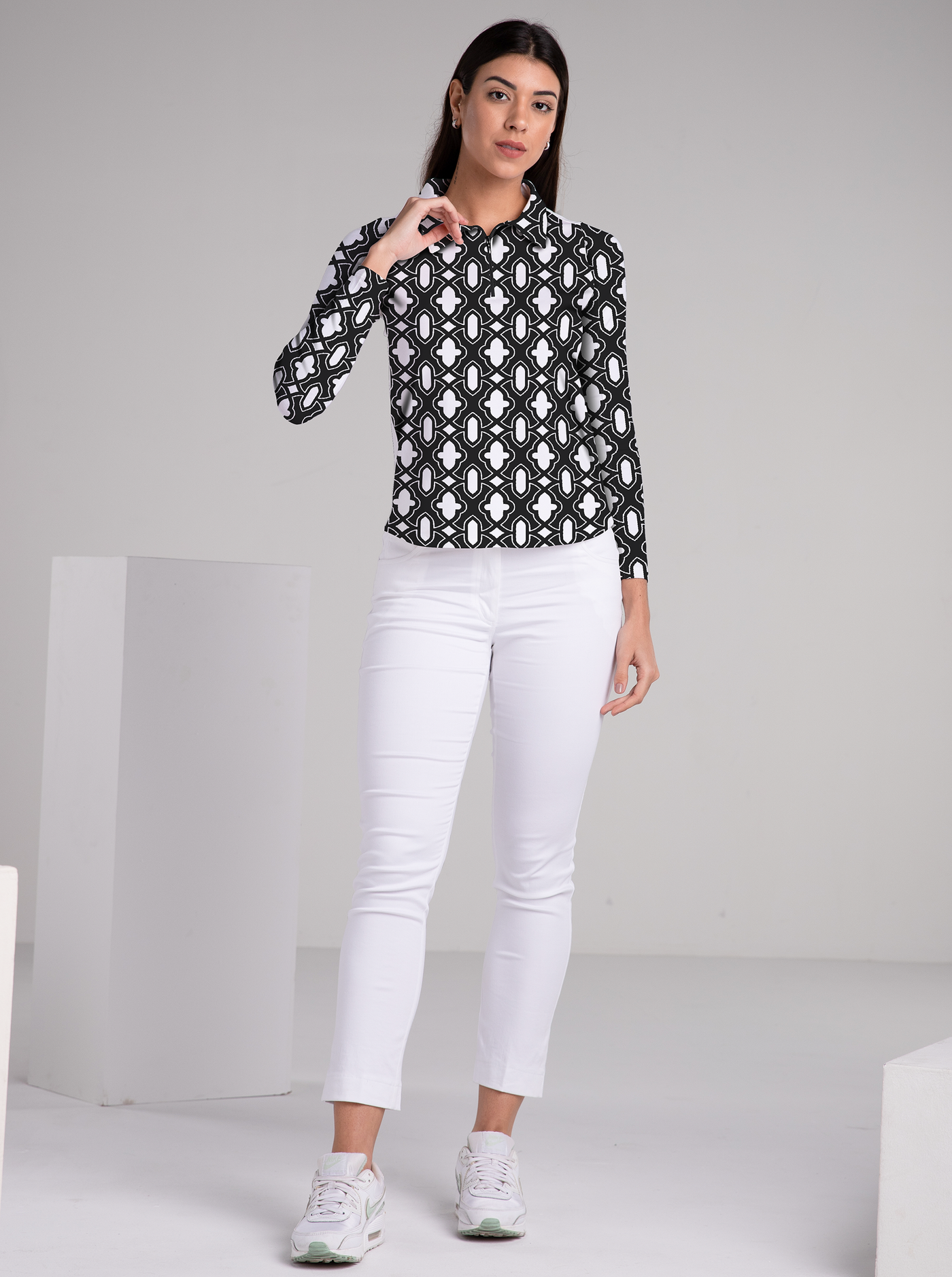 Casbah Gate Print Cotton Knit Zip Polo Neck Top