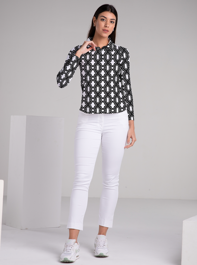 Casbah Gate Print Cotton Knit Zip Polo Neck Top