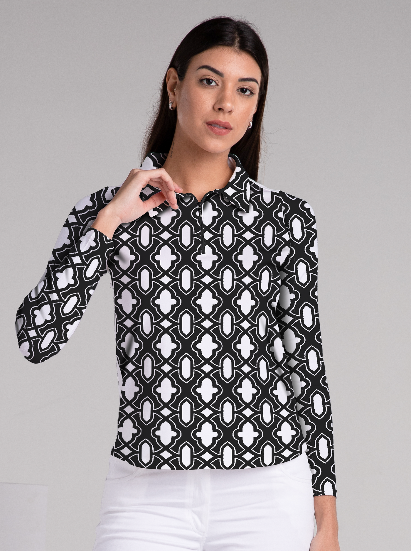 Casbah Gate Print Cotton Knit Zip Polo Neck Top