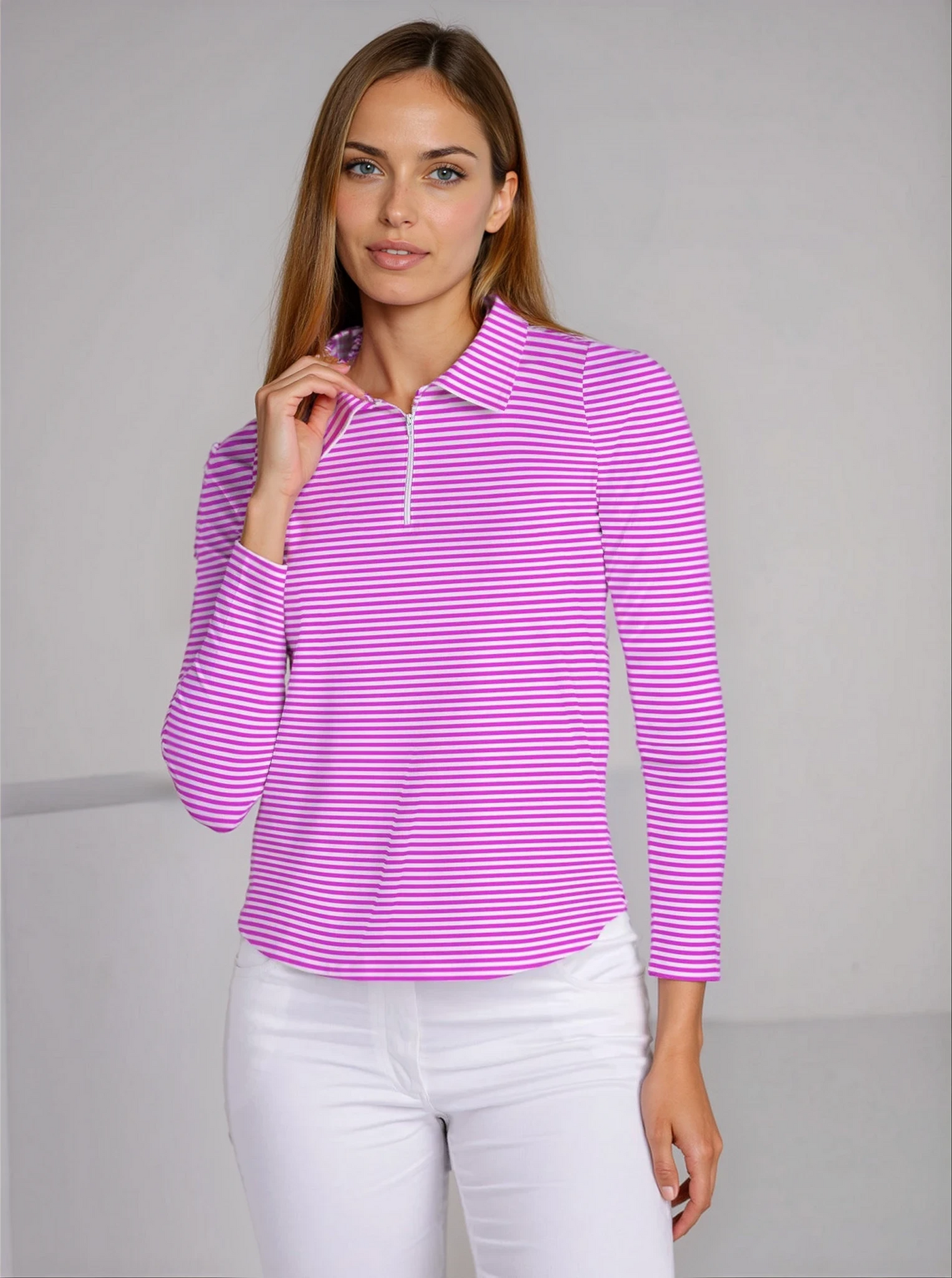 Verona stripe Print Cotton Knit Zip Polo Neck Top