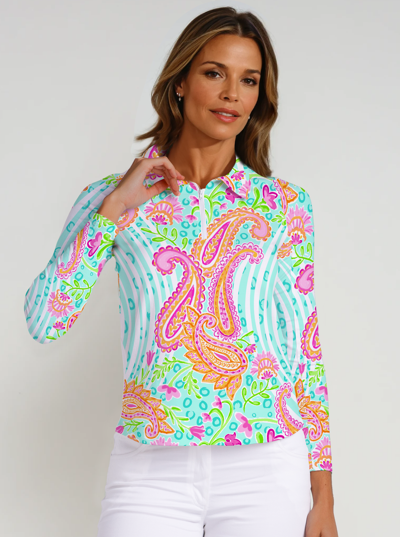 Nylon Long Sleeve Zip Polo Neck Top