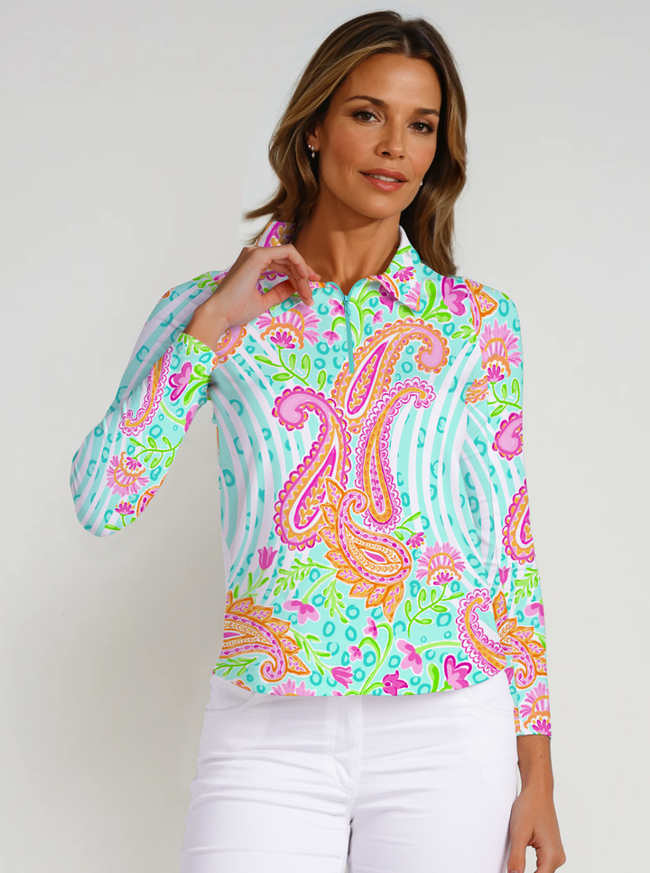Nylon Long Sleeve Zip Polo Neck Top