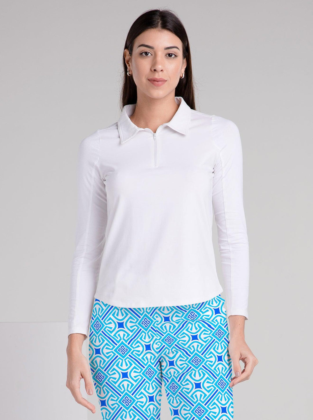 Solid Knit Long Sleeve Polo Neck Top - Rezobay