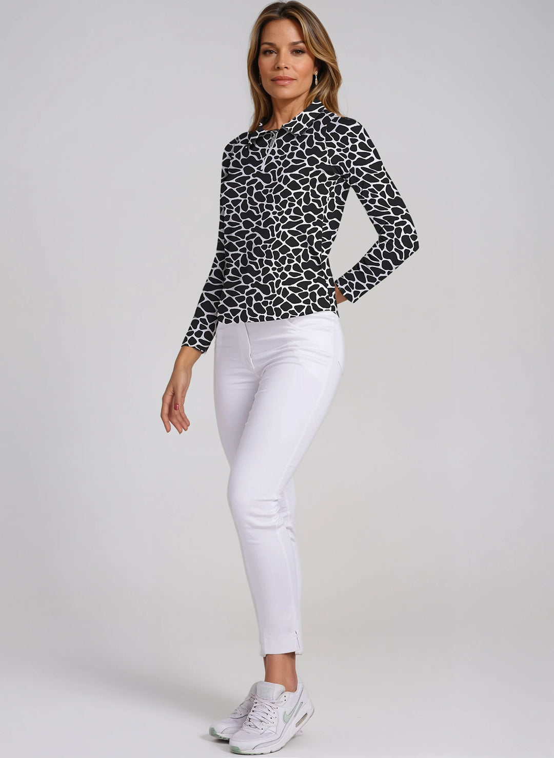 Giraffe Print Cotton Knit Zip Polo Neck Top