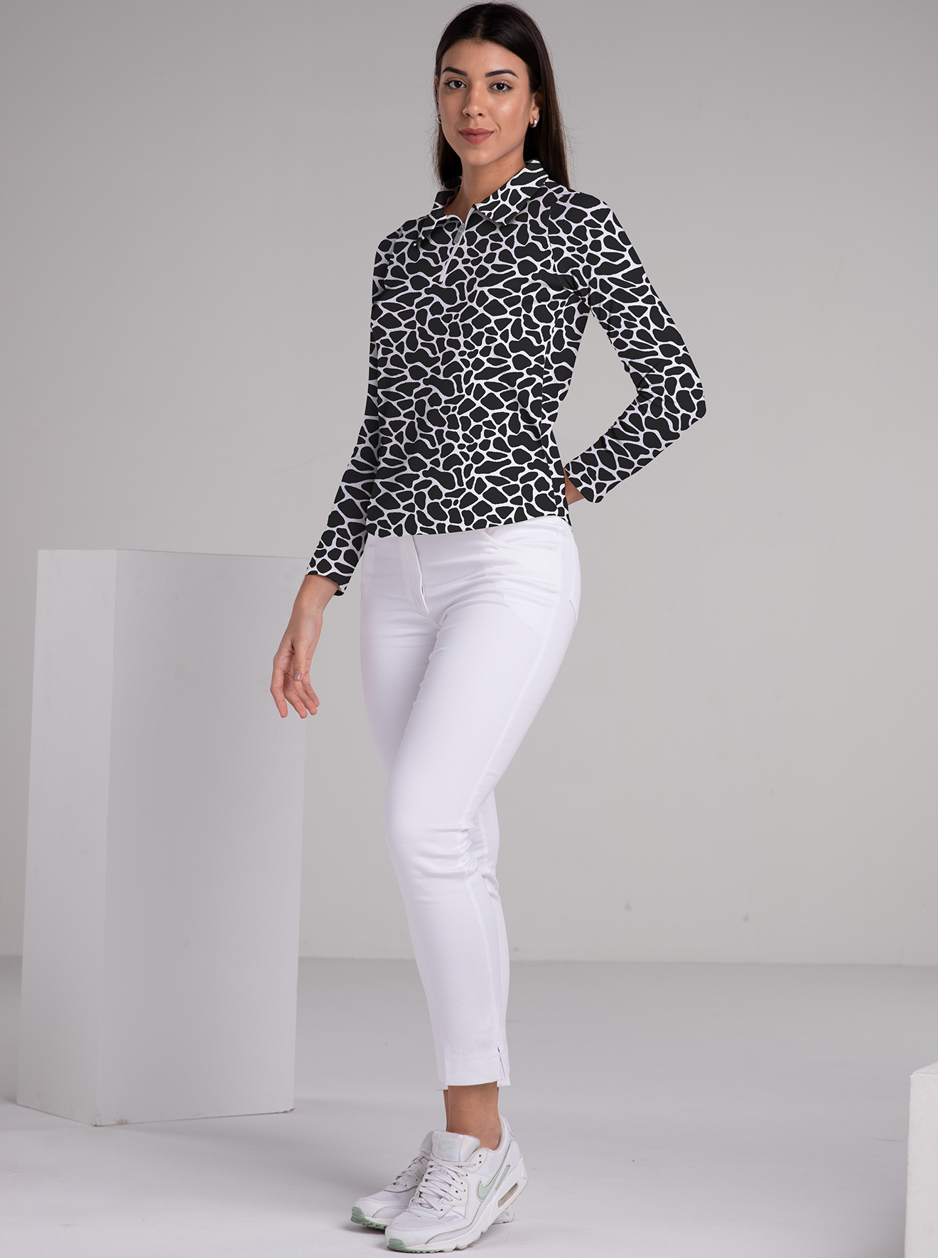 Giraffe Print Cotton Knit Zip Polo Neck Top