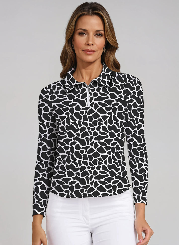 Giraffe Print Cotton Knit Zip Polo Neck Top