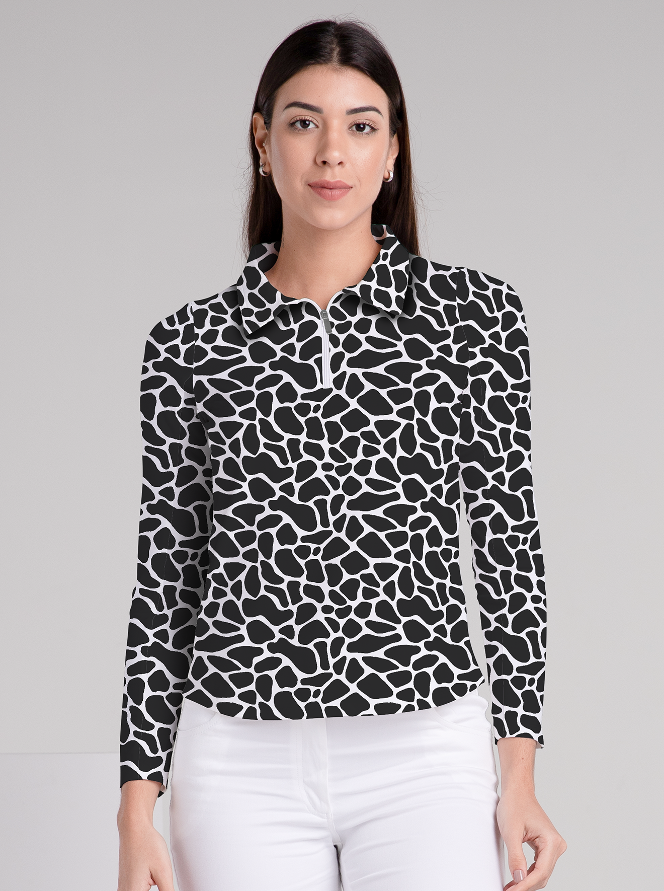 Giraffe Print Cotton Knit Zip Polo Neck Top
