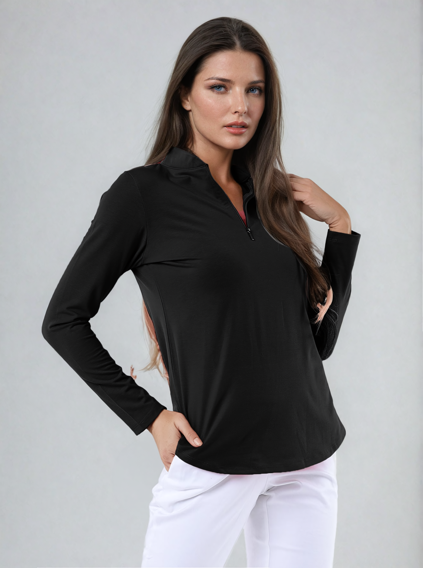 Solid Knit 3/4 Sleeve Zip Mock Neck Top