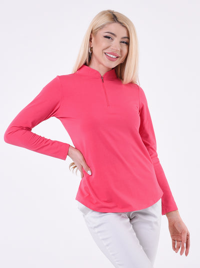 Solid Knit 3/4 Sleeve Zip Mock Neck Top