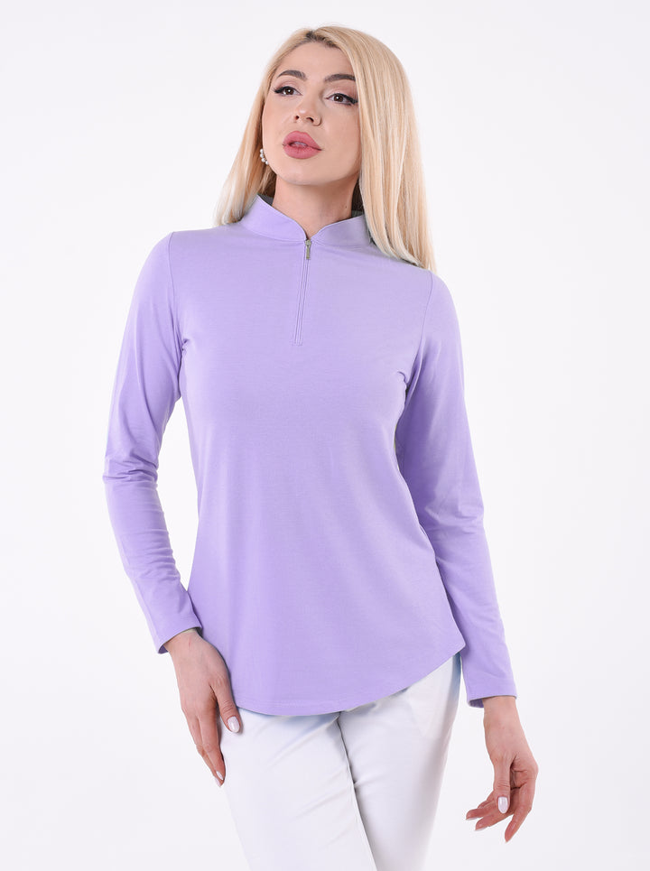 Solid Knit Long Sleeve Zip Mock Neck Top