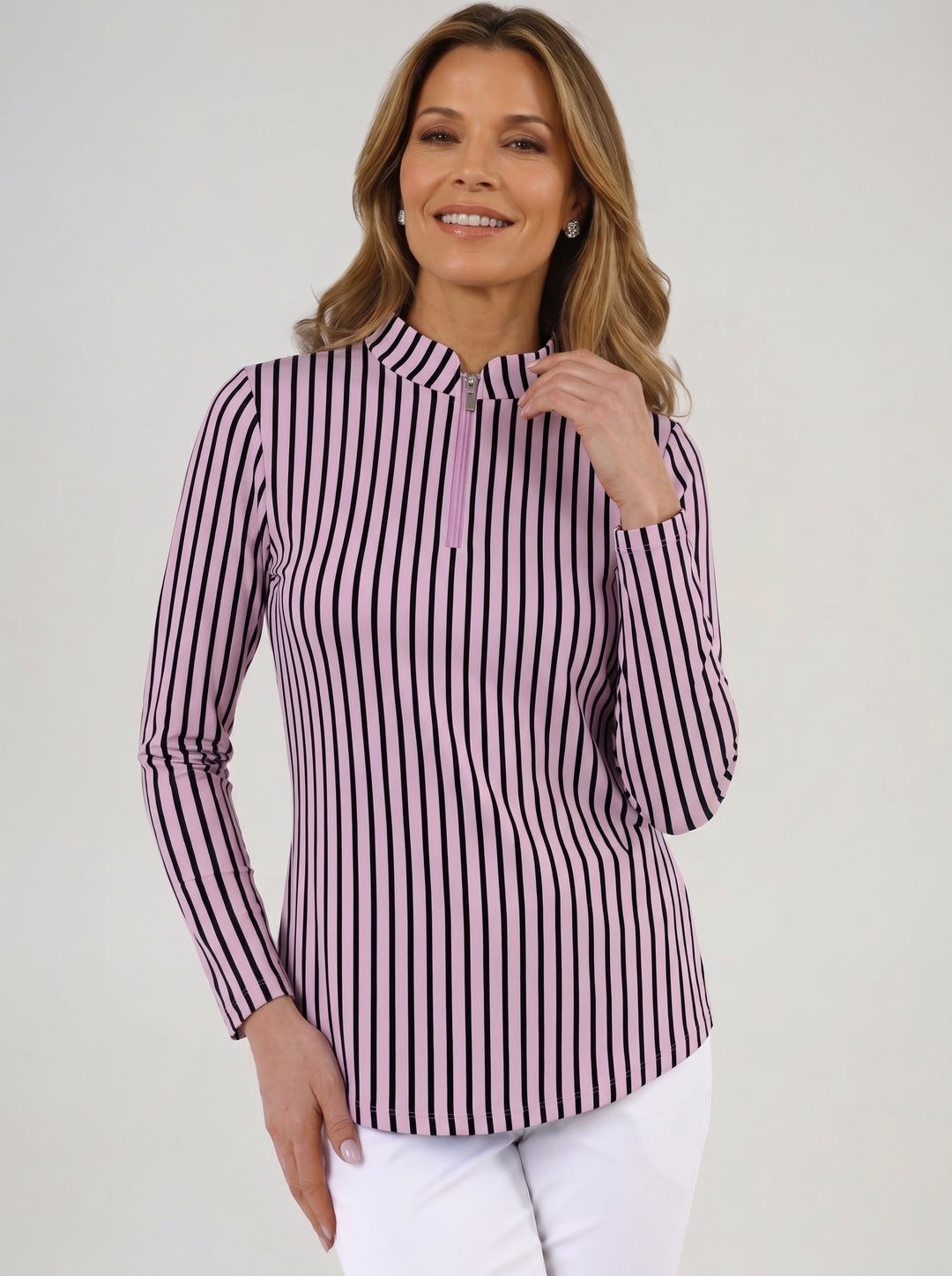 Long Sleeve Mock Neck Poly Stripe Top