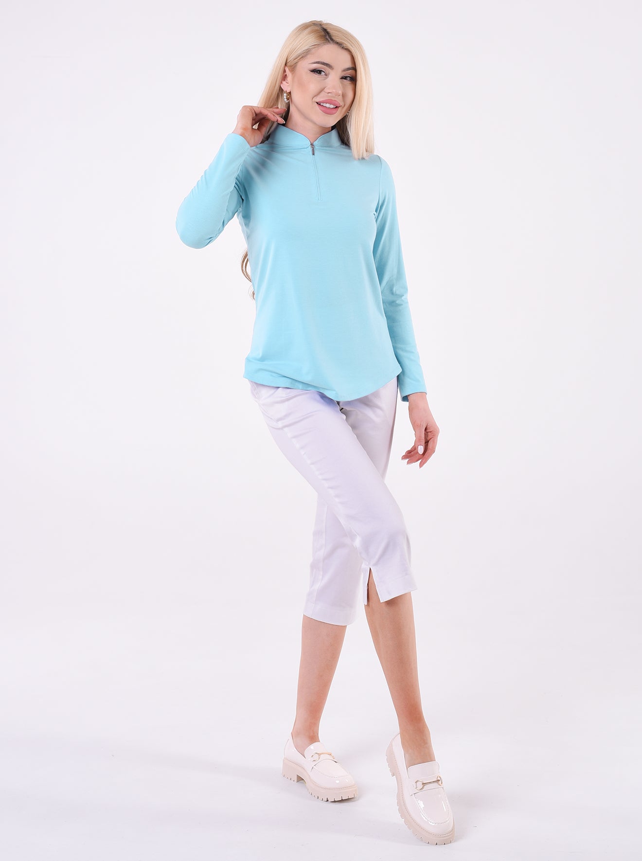 Solid Knit 3/4 Sleeve Embellished Zip Mock Neck Top