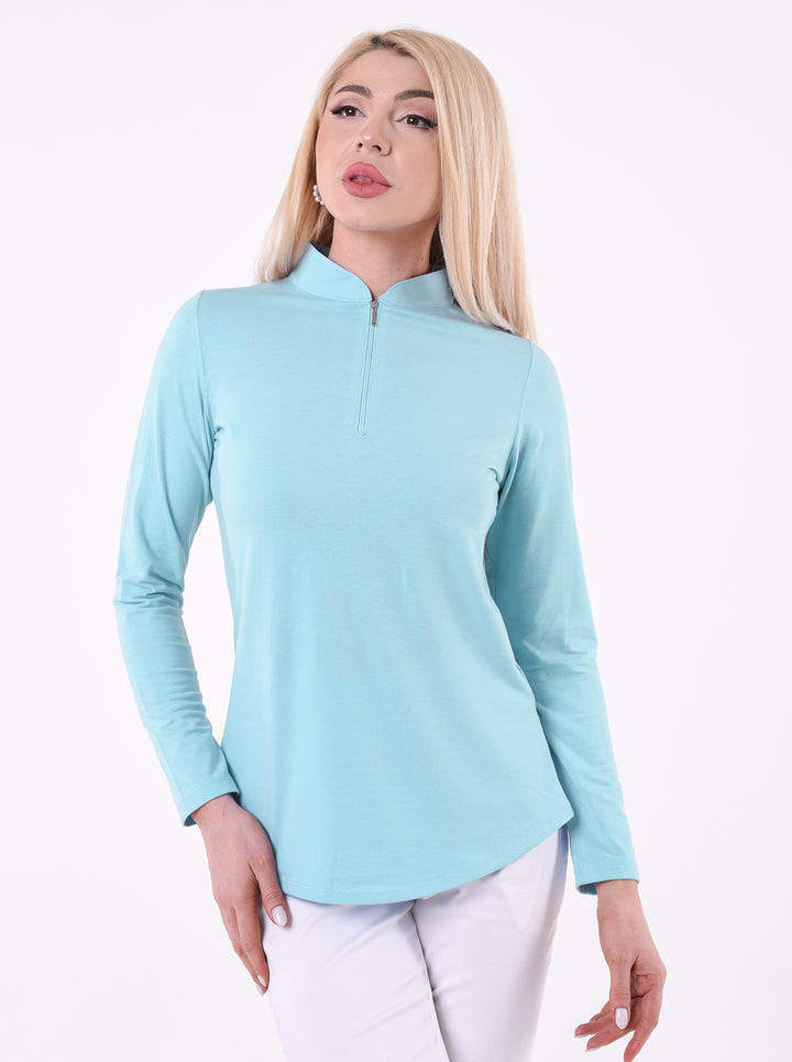 Solid Knit Long Sleeve Zip Mock Neck Top