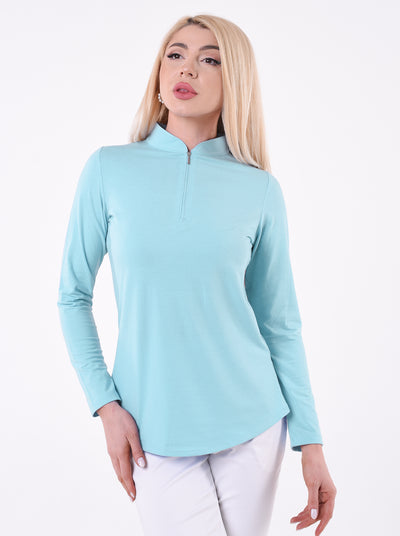 Solid Knit 3/4 Sleeve Embellished Zip Mock Neck Top