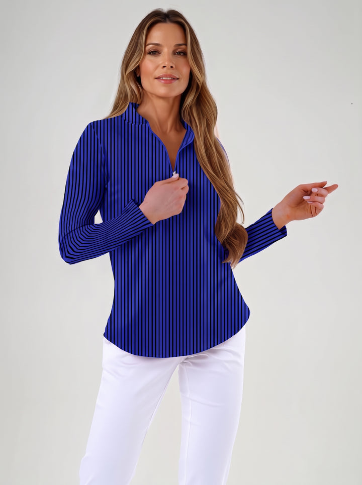 Long Sleeve Mock Neck Poly Stripe Top