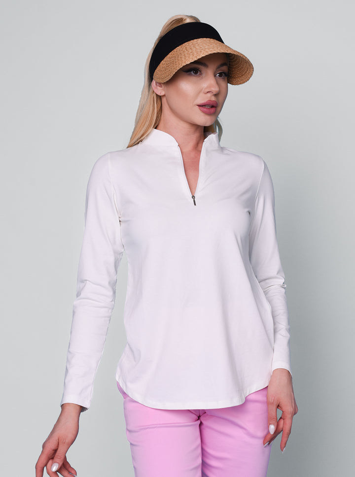 Solid Knit Long Sleeve Zip Mock Neck Top