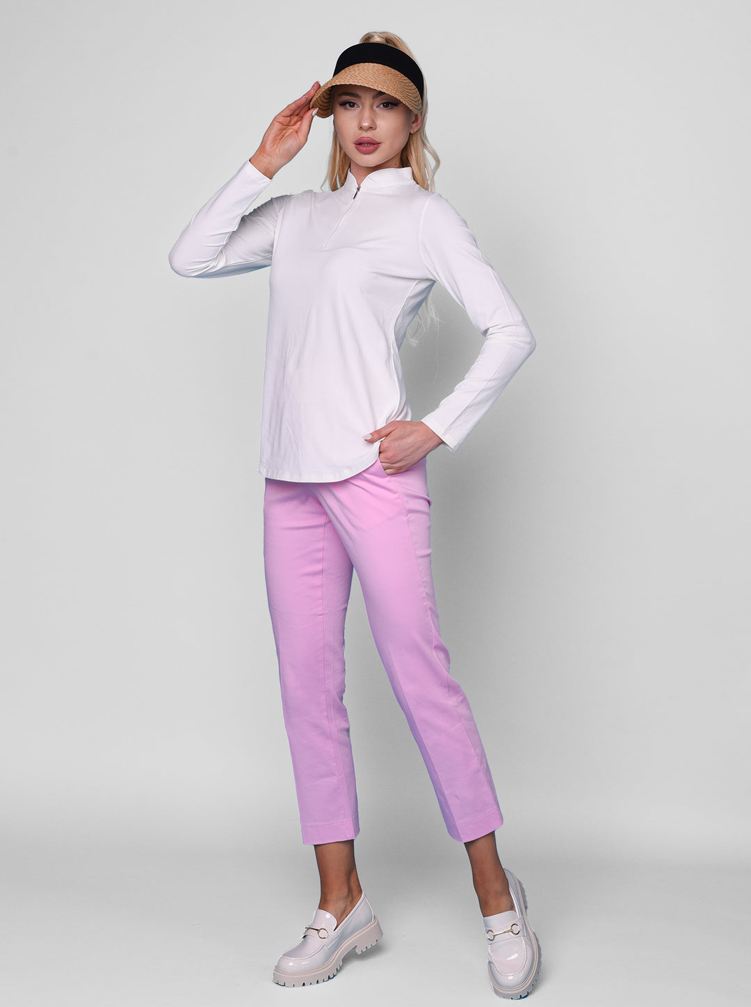 Solid Knit Long Sleeve Zip Mock Neck Top