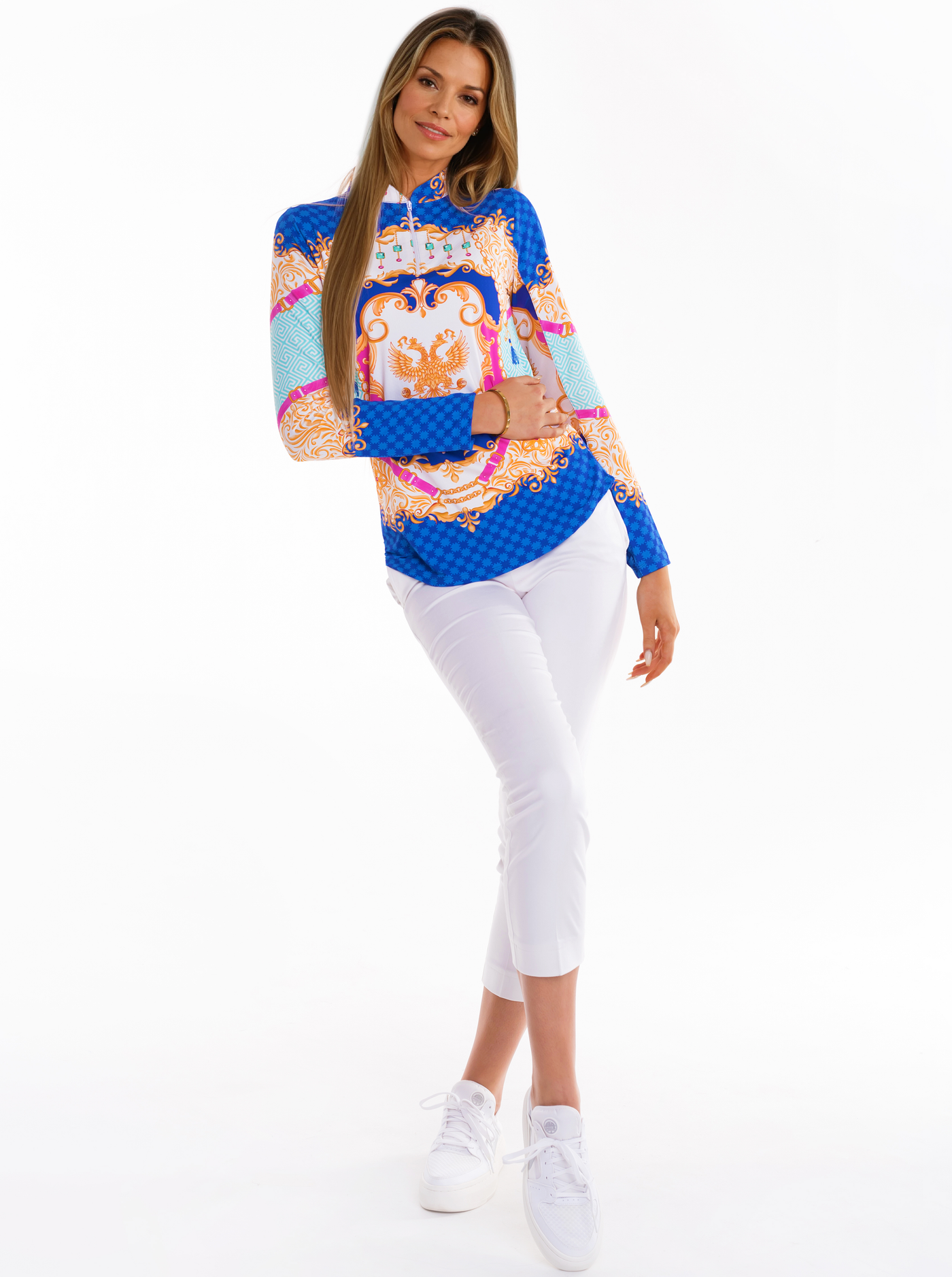 Nylon Long Sleeve Zip Mock Neck Top